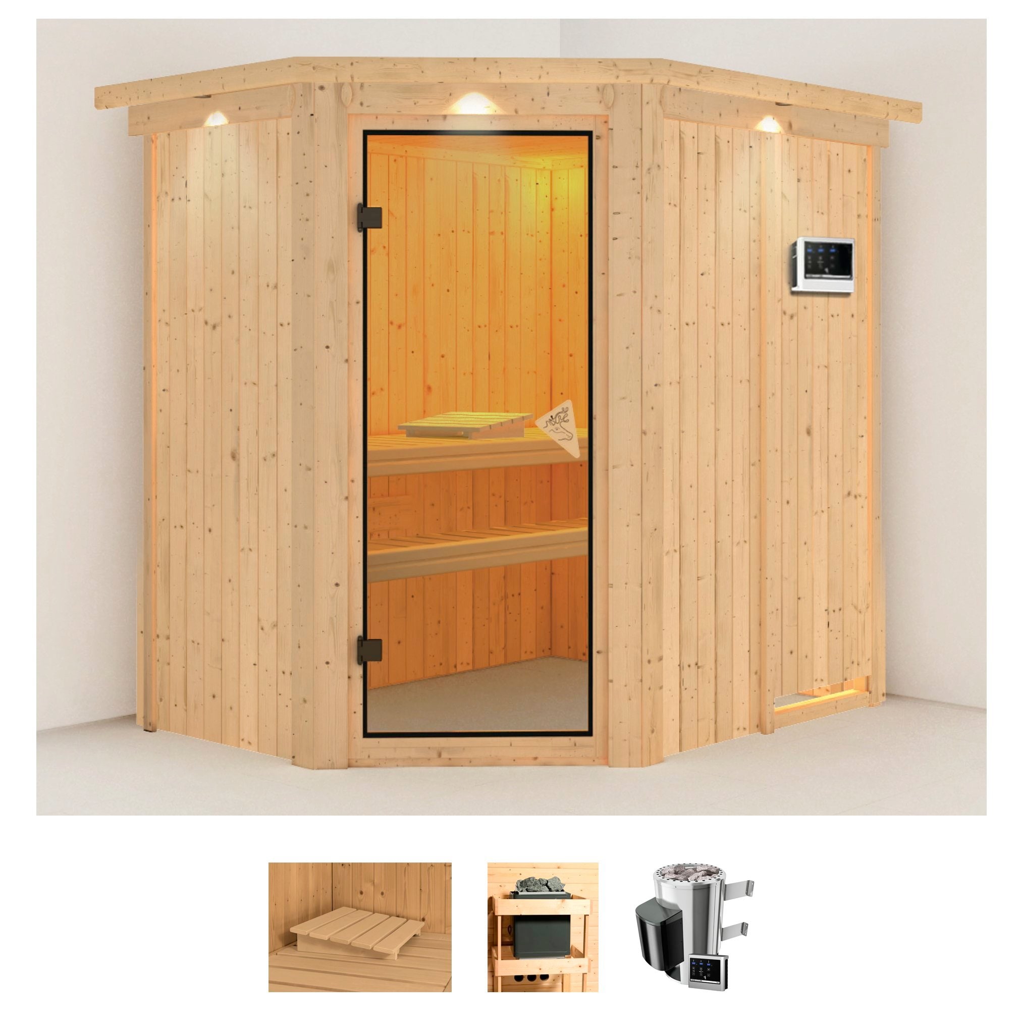 Sauna KARIBU "Swantje", beige (naturbelassen), Saunaofen, externe Steuerung, 3,6 kW, Saunen, 3,6-kW-Bio-Plug & Play Ofen mit externer Steuerung Image