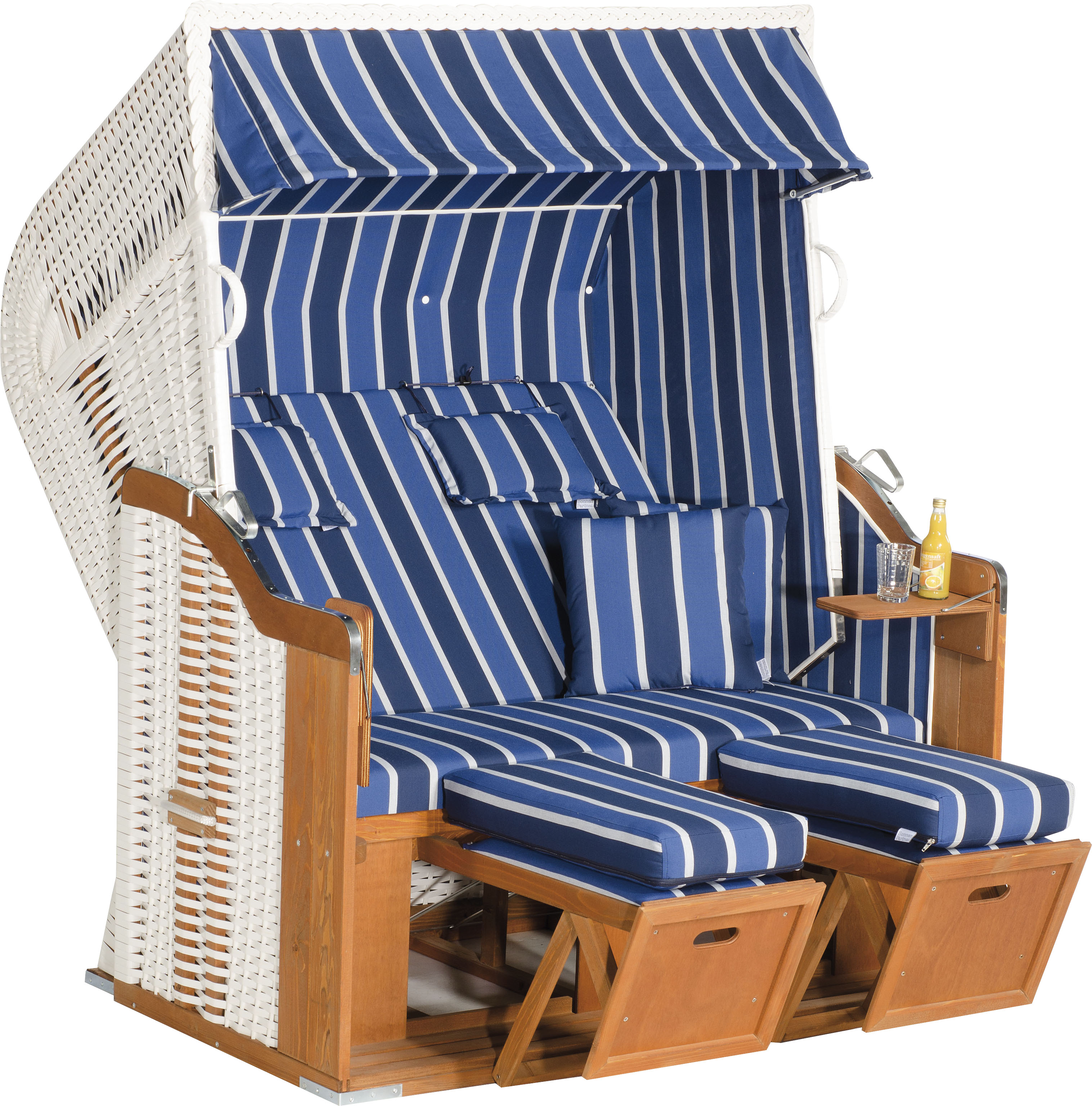 Strandkorb SUNNYSMART "Rustikal 250 Plus XL, TOPSELLER", weiß (korpus: natur, weiß bezug: dunkelblau, hellblau), StrandkörbeB:145cm H:160cm T:90cm, 2 XL-Sitzer, komplett montiert, Oberkorb in einem Stück geflochten, B:145cm H:160cm T:90cm Image