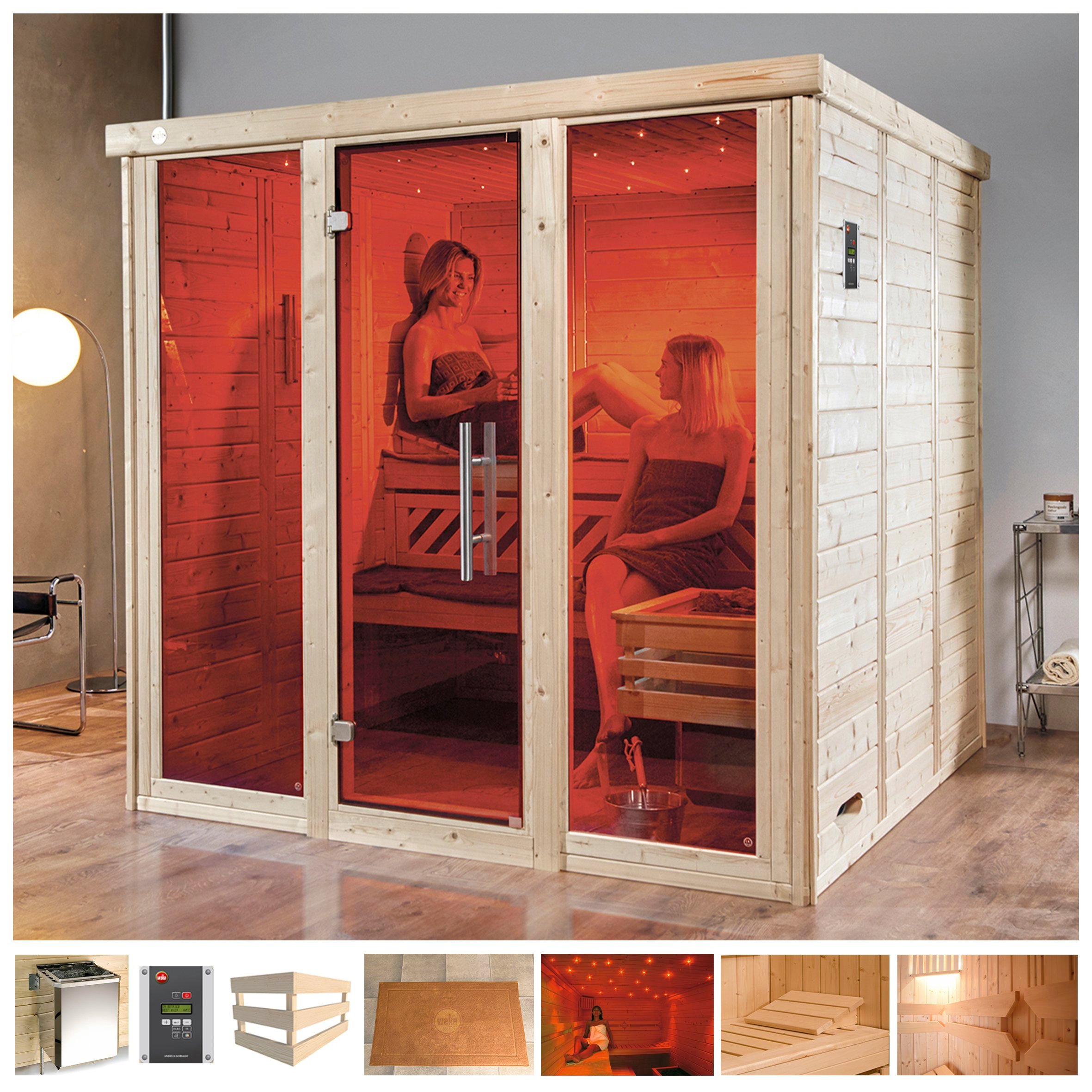 Sauna WEKA "Kemi Panorama", beige (naturbelassen), Bio-Kombiofen, externe Steuerung, 7,5 kW, Saunen, 7,5 kW Bio-Ofen mit ext. Steuerung Image