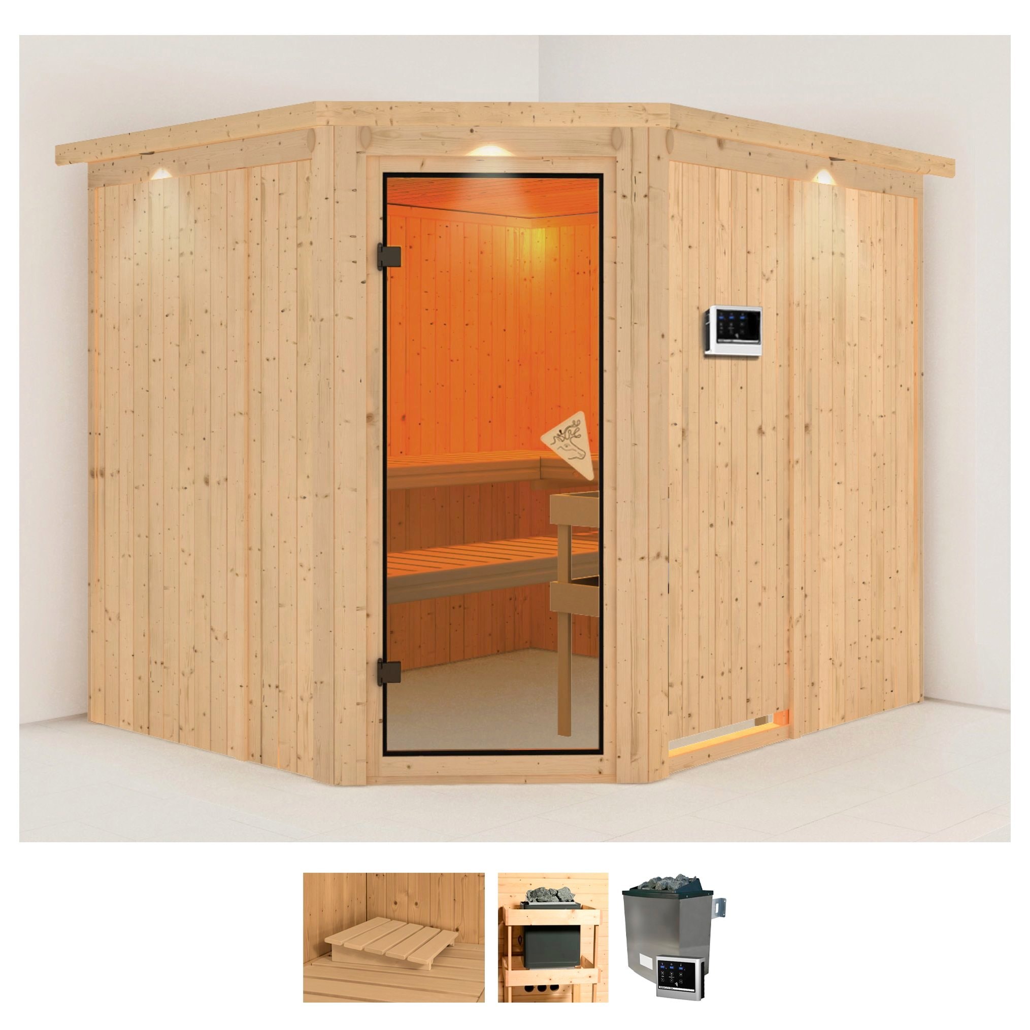 Sauna KARIBU "Marit", beige (naturbelassen), Saunaofen, externe Steuerung, 9 kW, Saunen, 9-kW-Ofen mit externer Steuerung Image