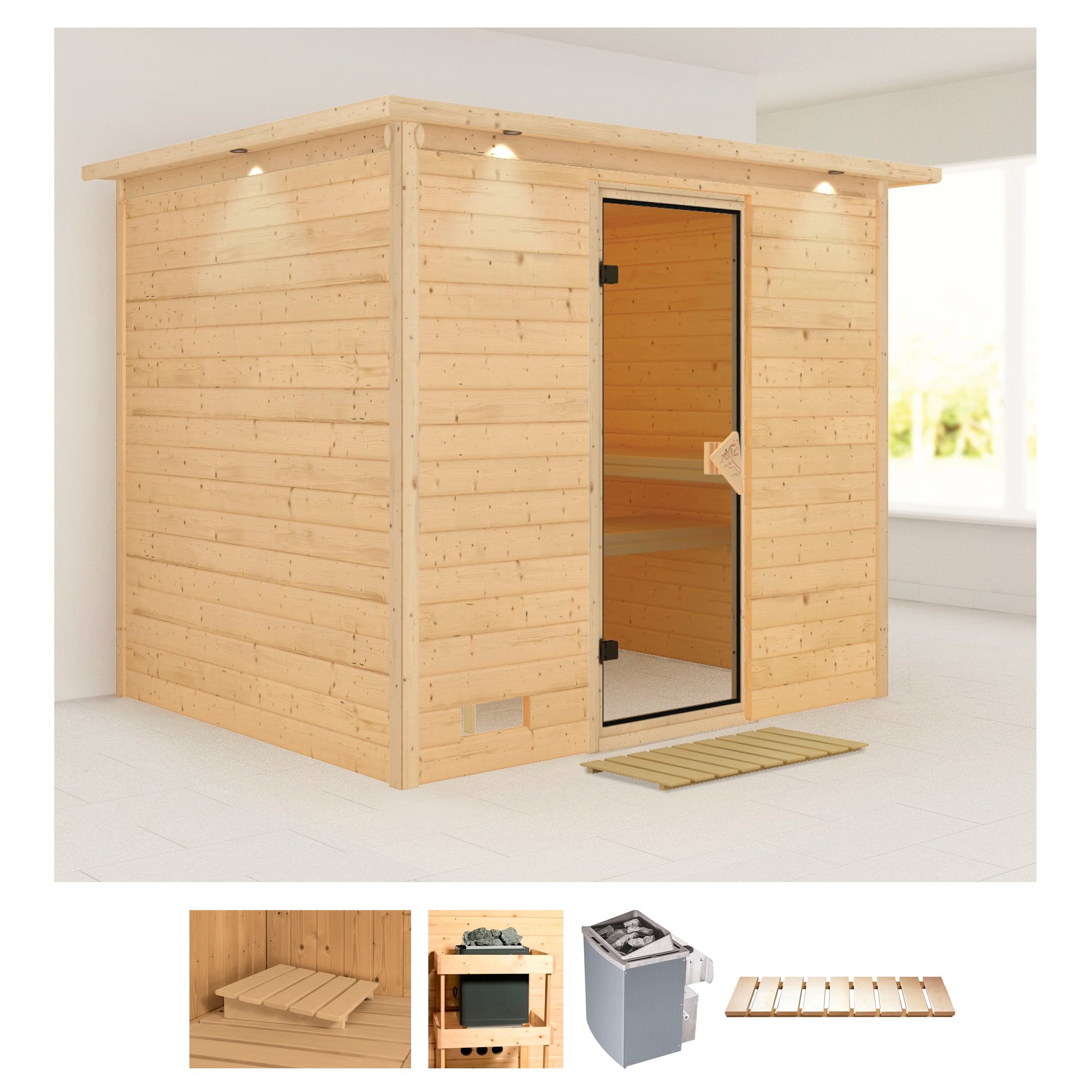 Sauna KARIBU "Soraja", beige (naturbelassen), Saunaofen, integrierte Steuerung, 9 kW, Saunen, 9-kW-Ofen mit integrierter Steuerung Image