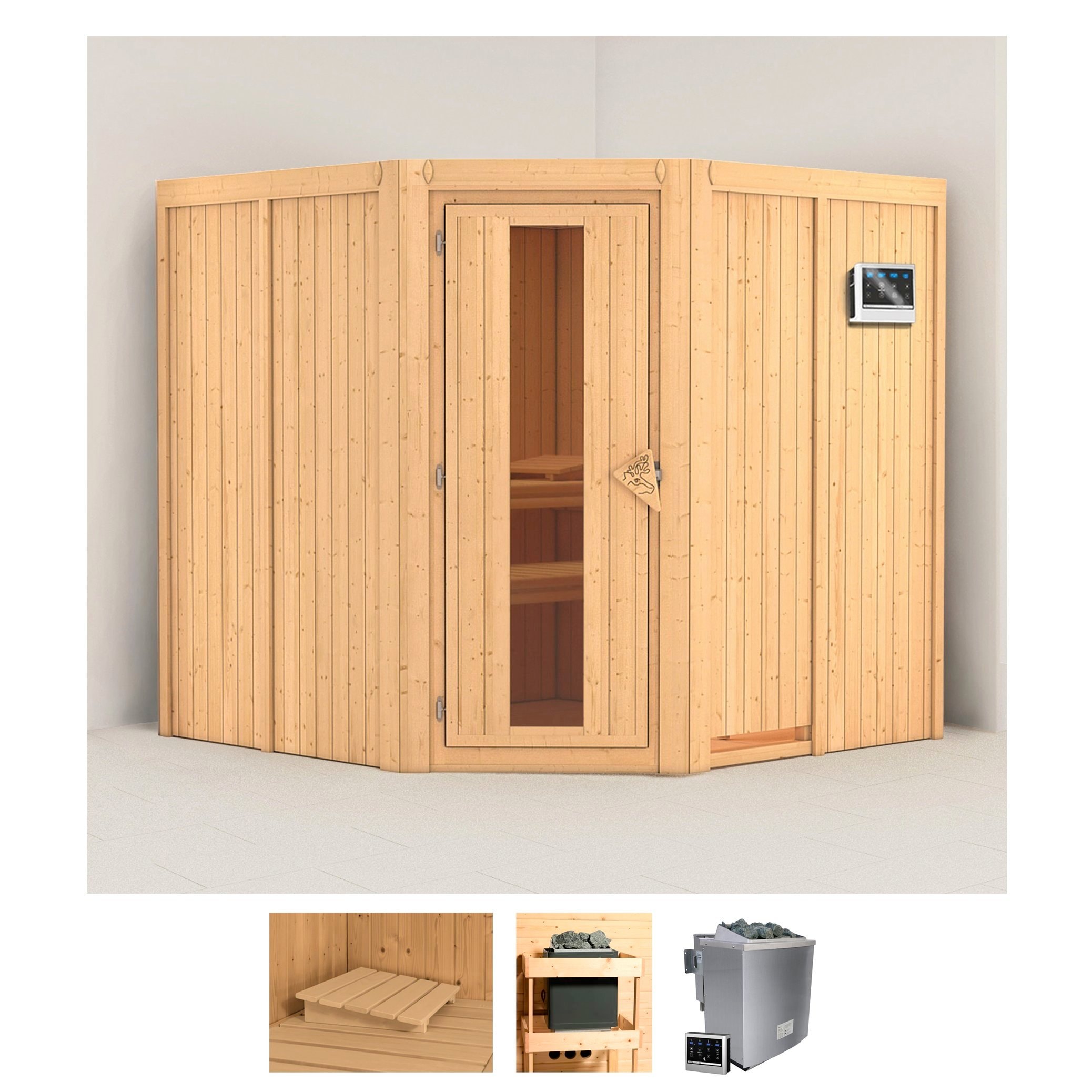 Sauna KARIBU "Jarin", beige (naturbelassen), Bio-Kombiofen, externe Steuerung, 9 kW, Saunen, 9-kW-Bio-Ofen mit externer Steuerung Image