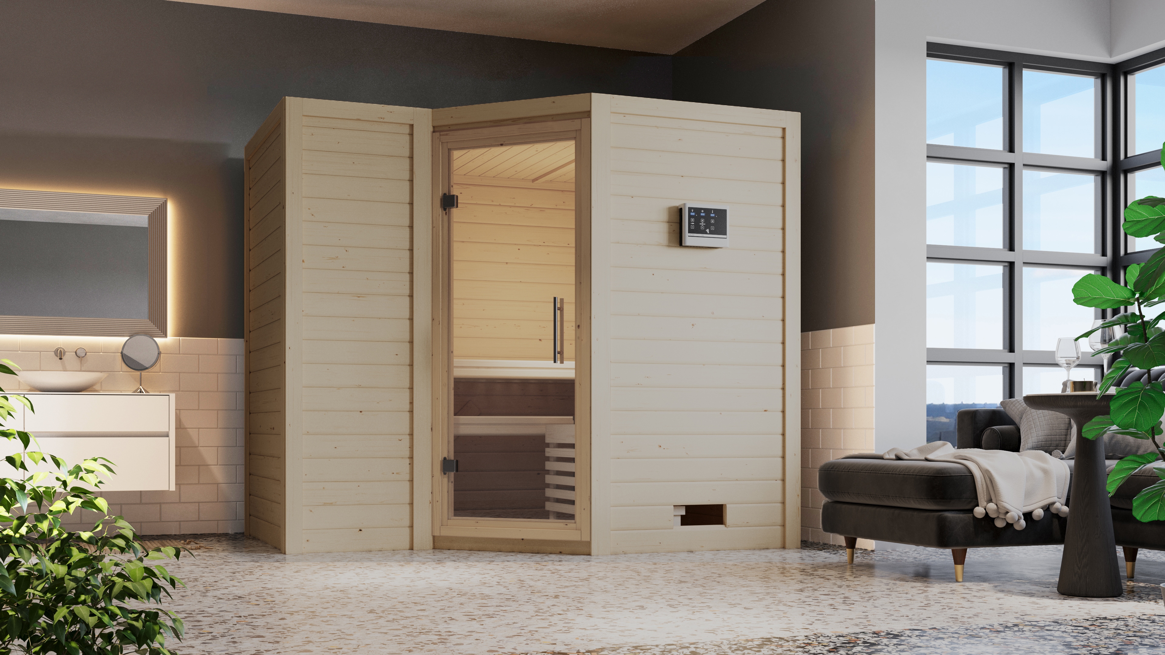 Sauna KARIBU "Sanna 2", beige (naturbelassen), Saunaofen, externe Steuerung, 9 kW, Saunen, 9-kW-Ofen mit externer Steuerung Image
