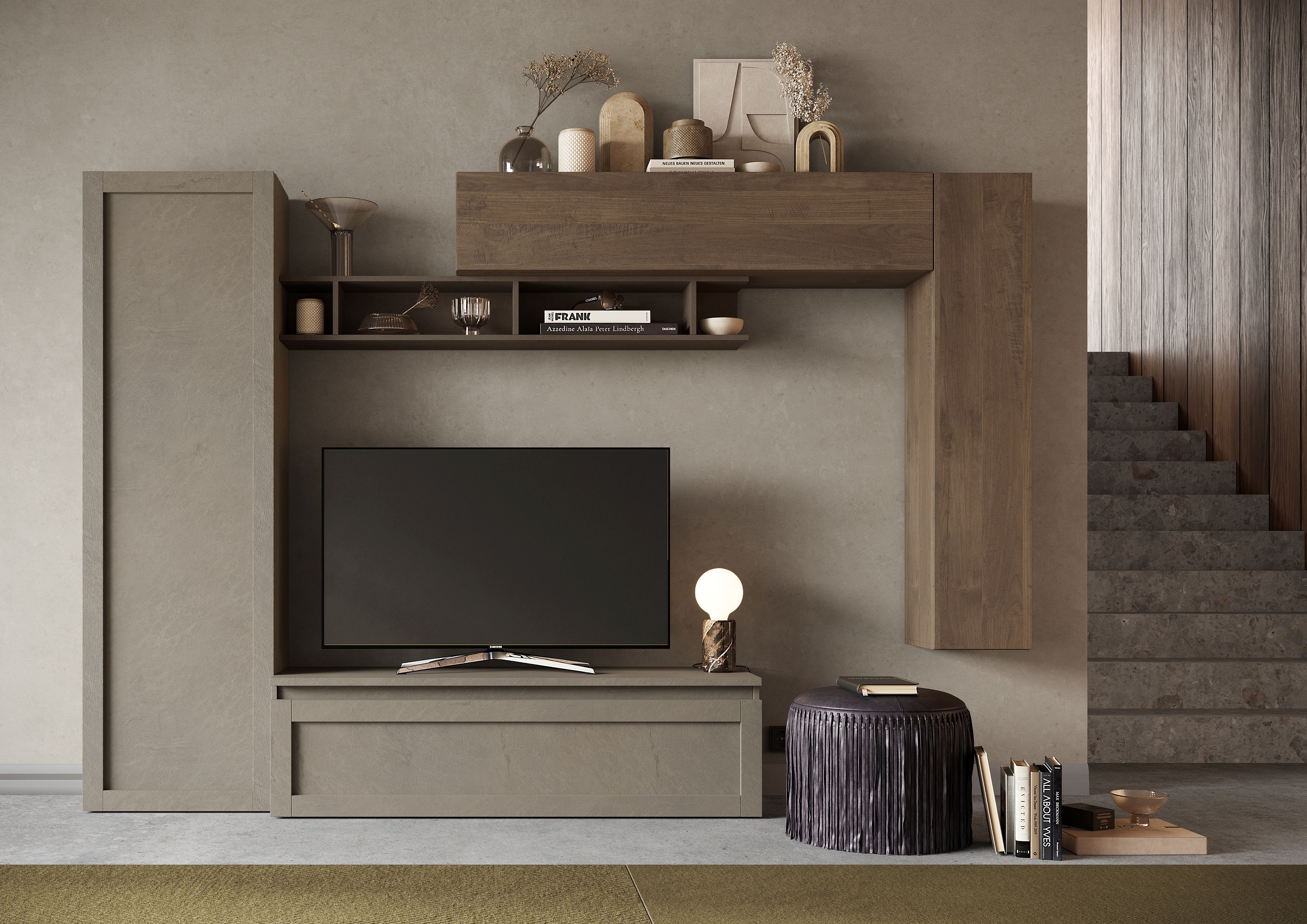 Wohnwand INOSIGN "Infinity, 5tlg. Breite 280 cm, Schrankwand, Anbauwand", braun (lehmfarben (argilla), bronzo, mercure nb holzstruktur), B:280cm H:186cm T:40cm, Kastenmöbel-Sets, Wohnwand, (Lowboard, Hochschrank, 2x Hängeschrank, Wandregal)