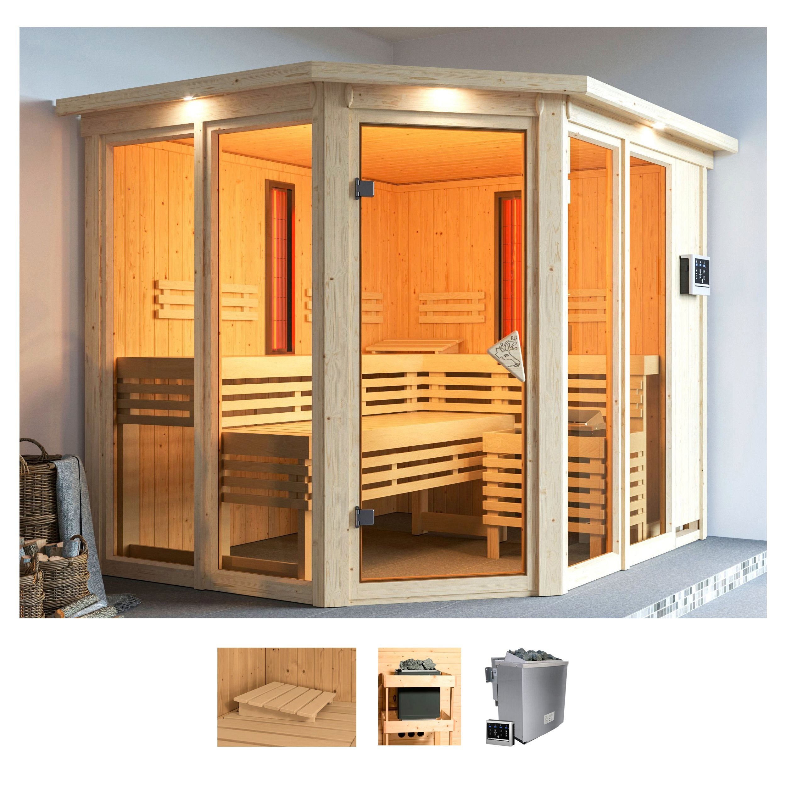 Sauna KARIBU "Avril", beige (naturbelassen), Saunaofen, externe Steuerung, 9 kW, Saunen, 9-kW-Ofen mit externer Steuerung Image