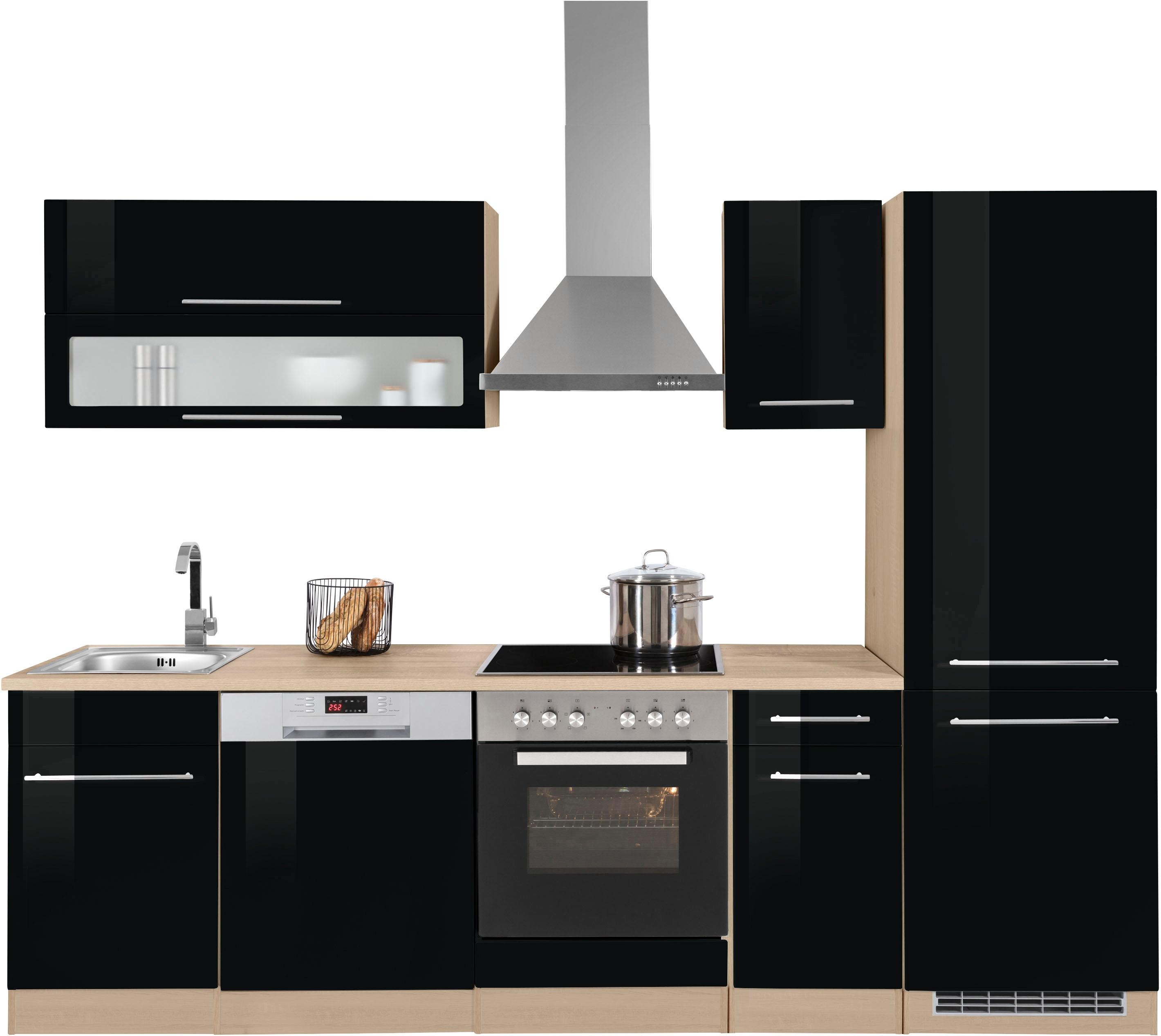 Küchenzeile KOCHSTATION "KS-Eton", schwarz (küche: schwarz, korpus: eichefarben, arbeitsplatte: eichefarben), B:270cm T:60cm, Komplettküchen-Sets, ohne E-Geräte, Breite 270 cm Image