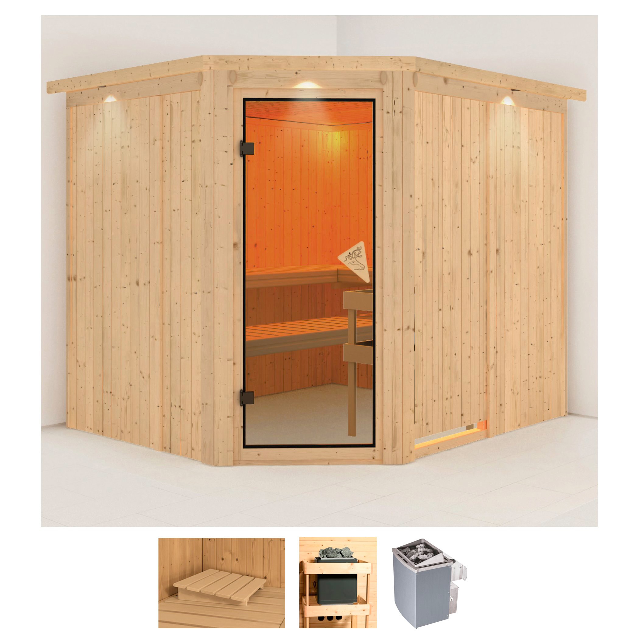 Sauna KARIBU "Marit", beige (naturbelassen), Saunaofen, integrierte Steuerung, 9 kW, Saunen, 9-kW-Ofen mit integrierter Steuerung Image