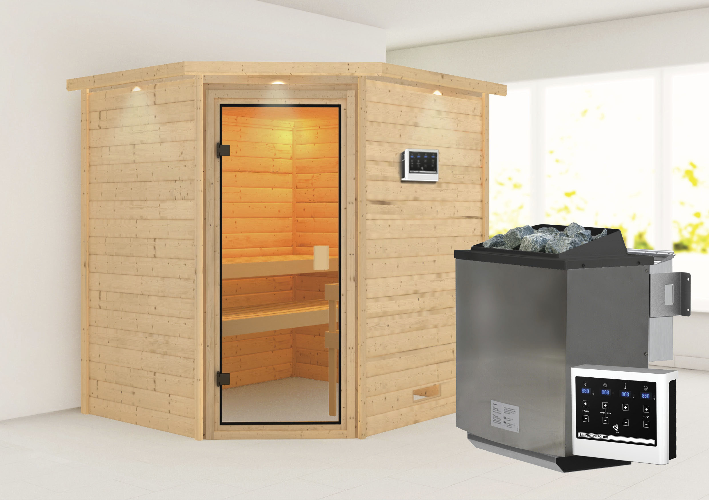 Sauna KARIBU "Mia (Fronteinstieg)", beige (naturbelassen), (ohne Ofen), Saunen, Ofen 9 kW Bio externe Strg easy
