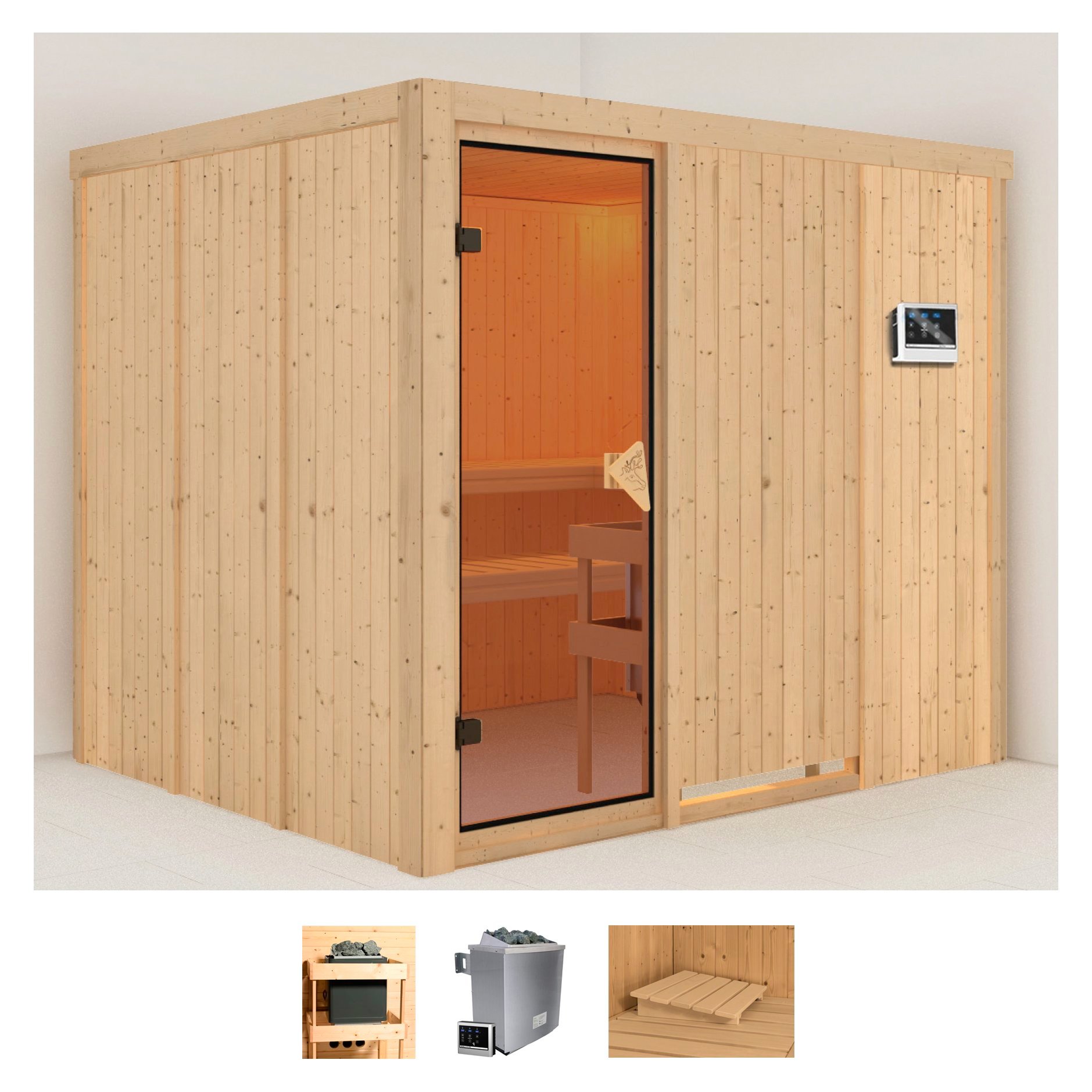 Sauna KARIBU "Gitte", beige (naturbelassen), Saunaofen, externe Steuerung, 9 kW, Saunen, 9-kW-Ofen mit externer Steuerung Image