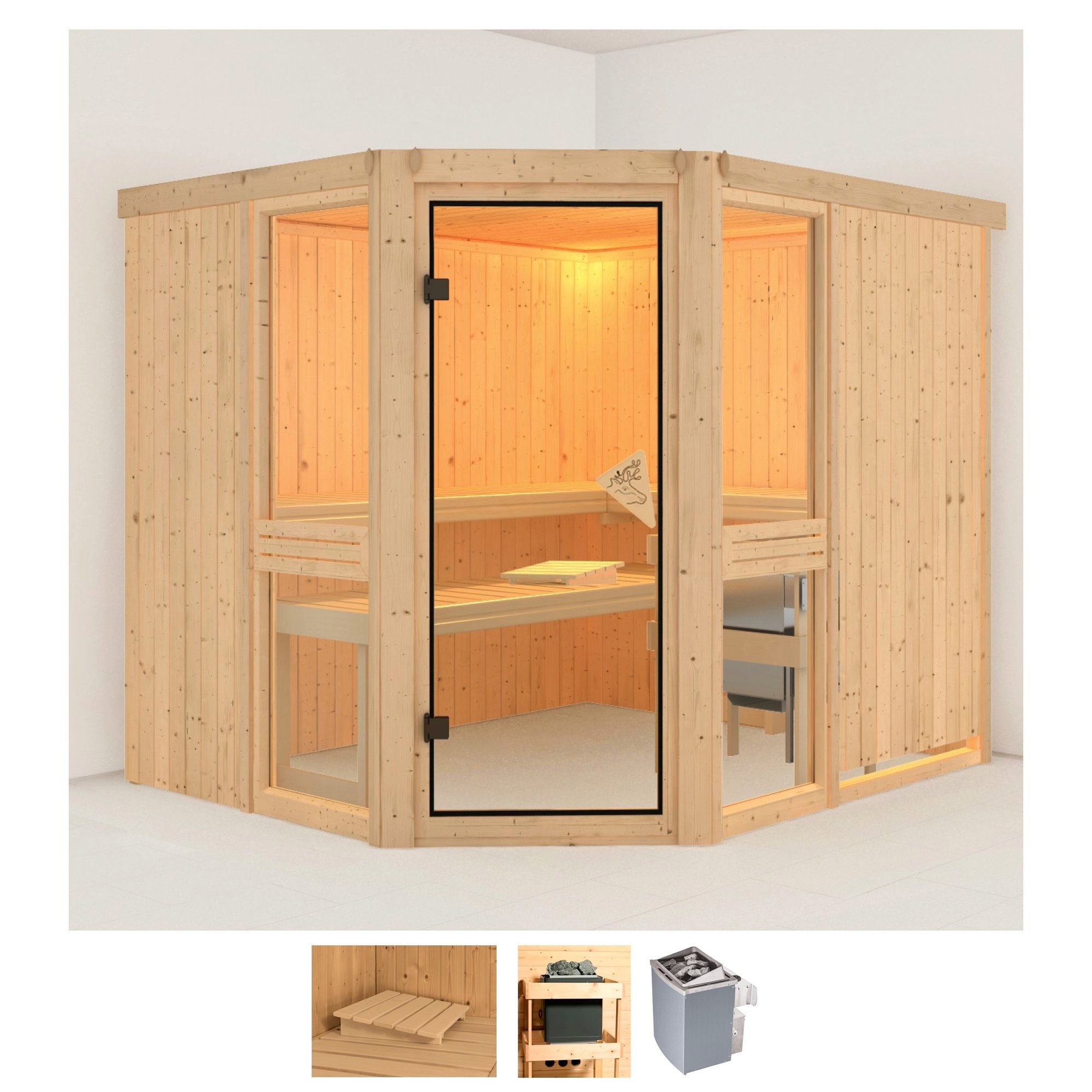 Sauna KARIBU "Aline 3", beige (naturbelassen), Saunaofen, integrierte Steuerung, 9 kW, Saunen, 9-kW-Ofen mit integrierter Steuerung Image