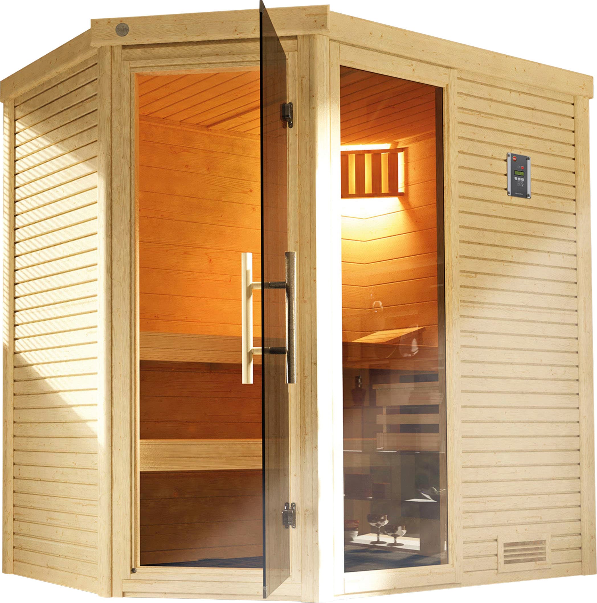 Sauna WEKA "Cubilis", beige (natur), Bio-Ofen, externe Steuerung, 7,5 kW, Saunen, 7,5 kW Bio-Ofen mit digitaler Steuerung