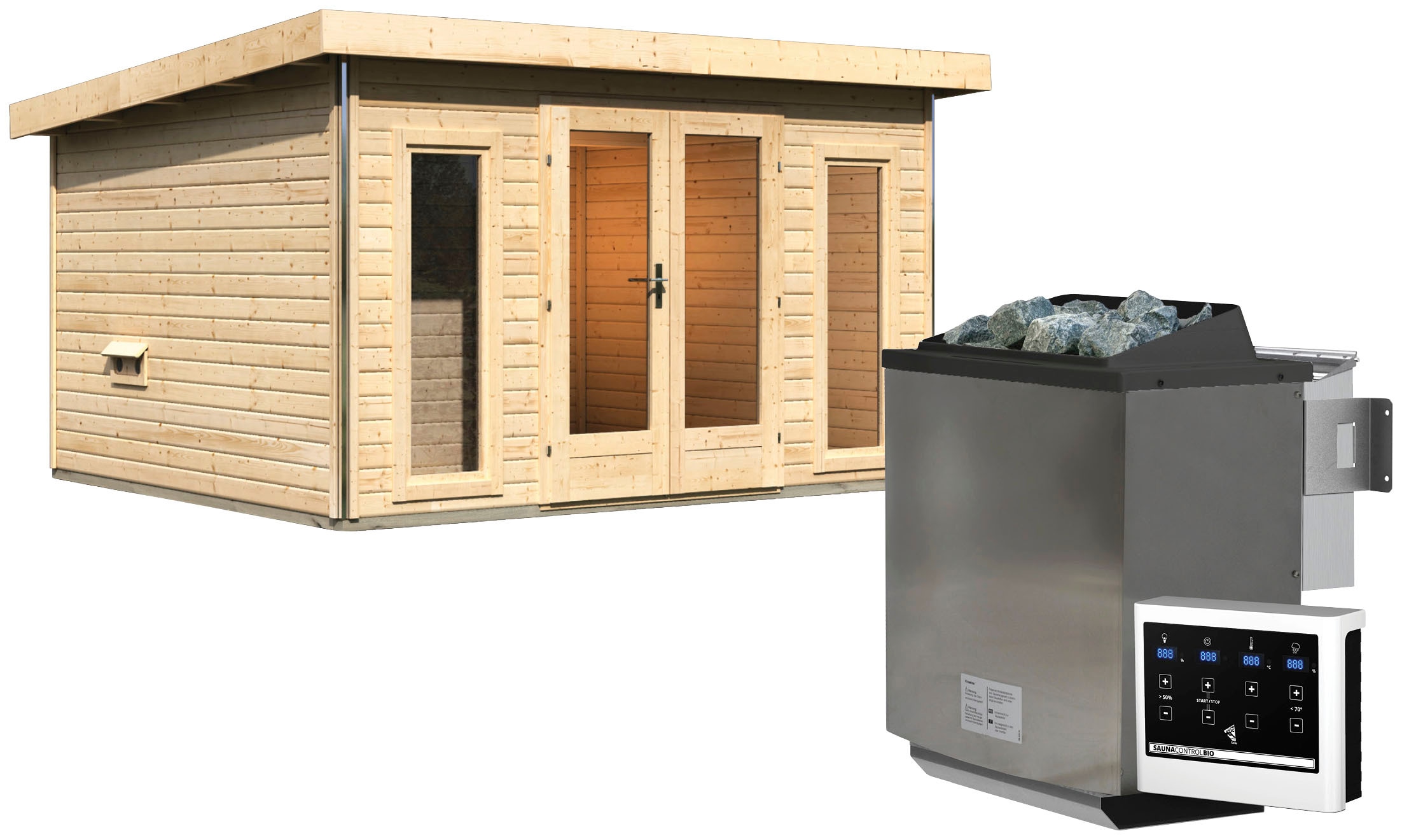 Saunahaus KARIBU "Maiko 2A", beige (naturbelassen), Bio-Ofen, externe Steuerung, 9 kW, Saunen, Ofen 9 kW Bio ext. Strg. Image