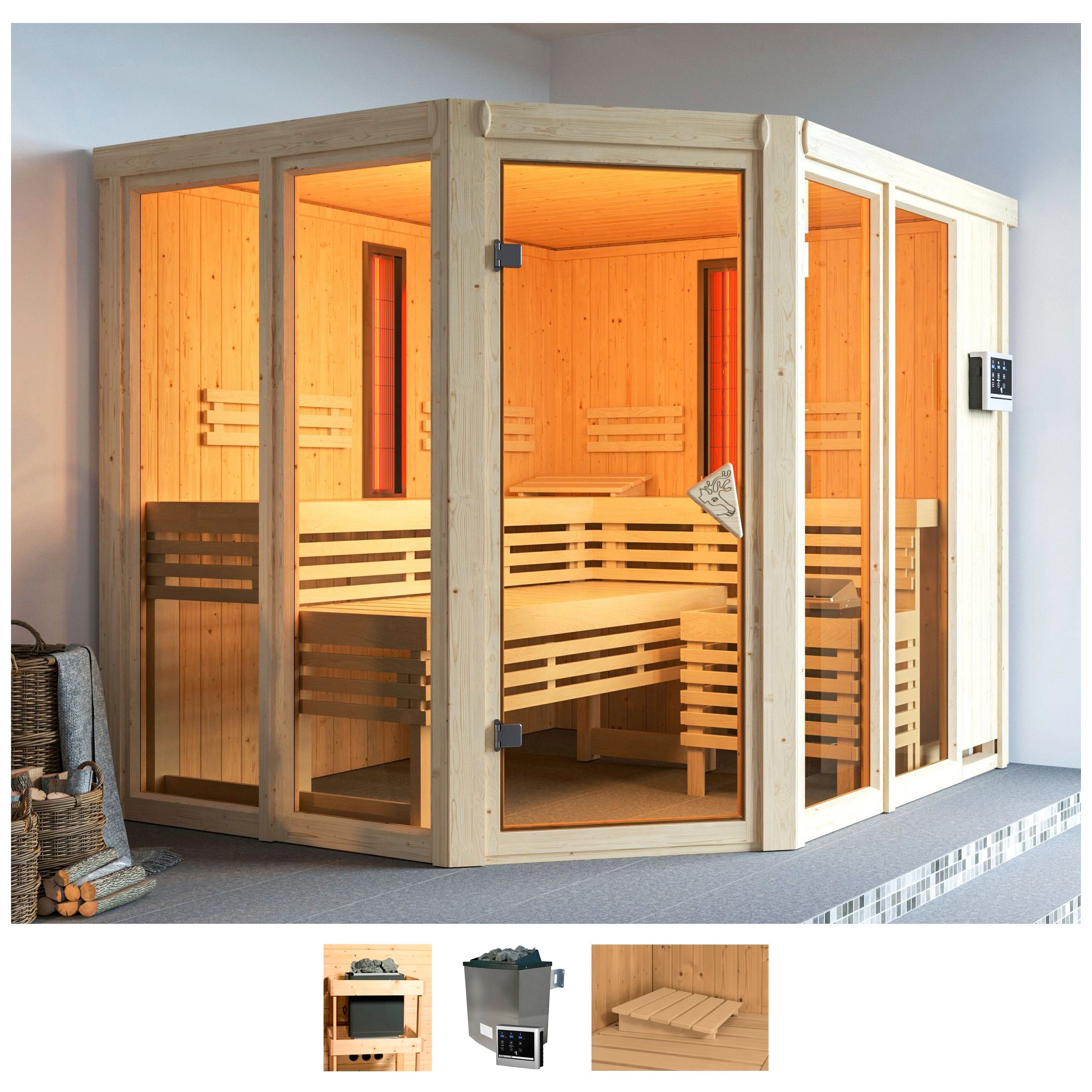 Sauna KARIBU "Avril", beige (naturbelassen), Saunaofen, externe Steuerung, 9 kW, Saunen, 9-kW-Ofen mit externer Steuerung Image