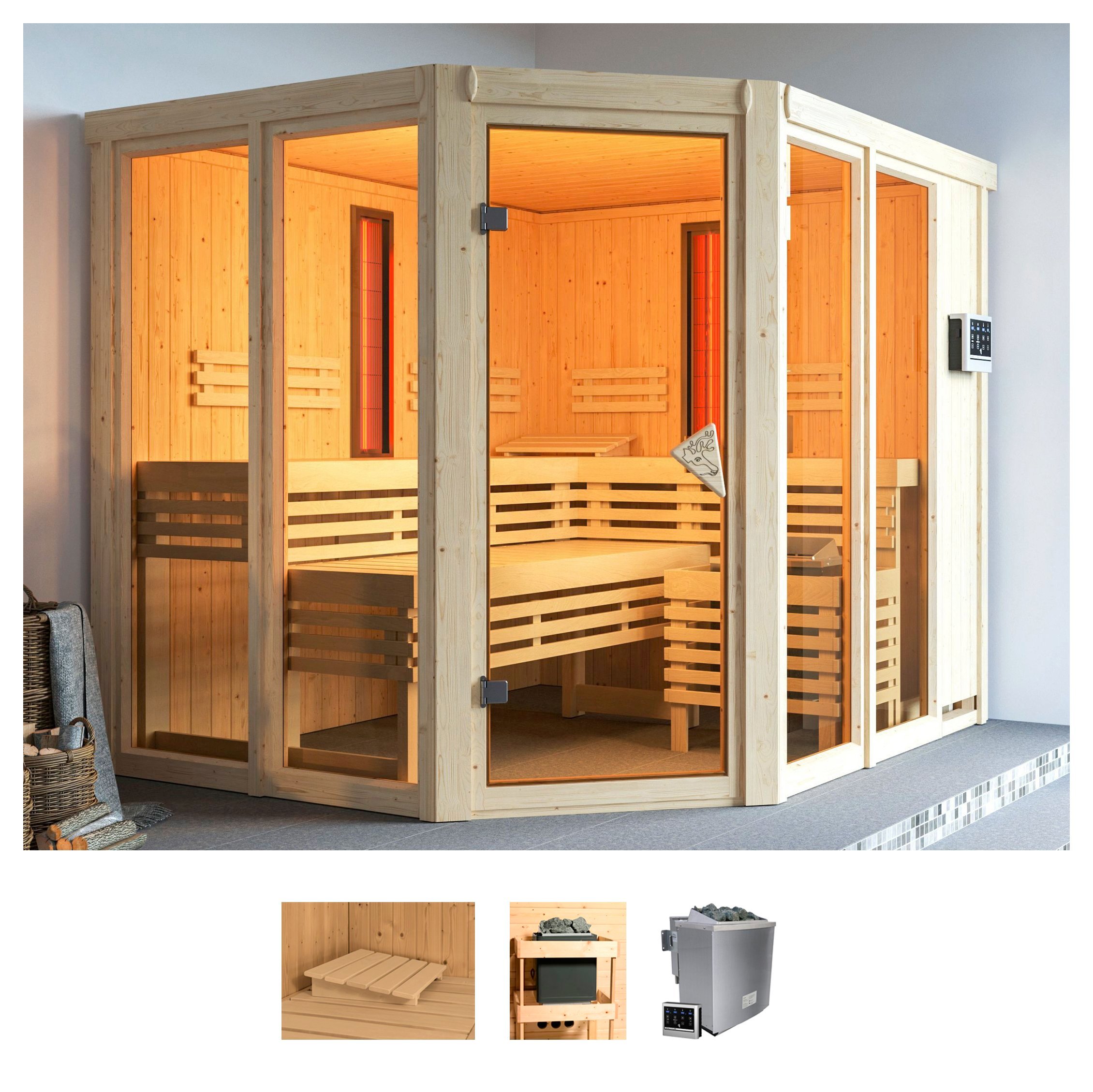 Sauna KARIBU "Avril", beige (naturbelassen), Bio-Kombiofen, externe Steuerung, 9 kW, Saunen, 9-kW-Bio-Ofen mit externer Steuerung Image
