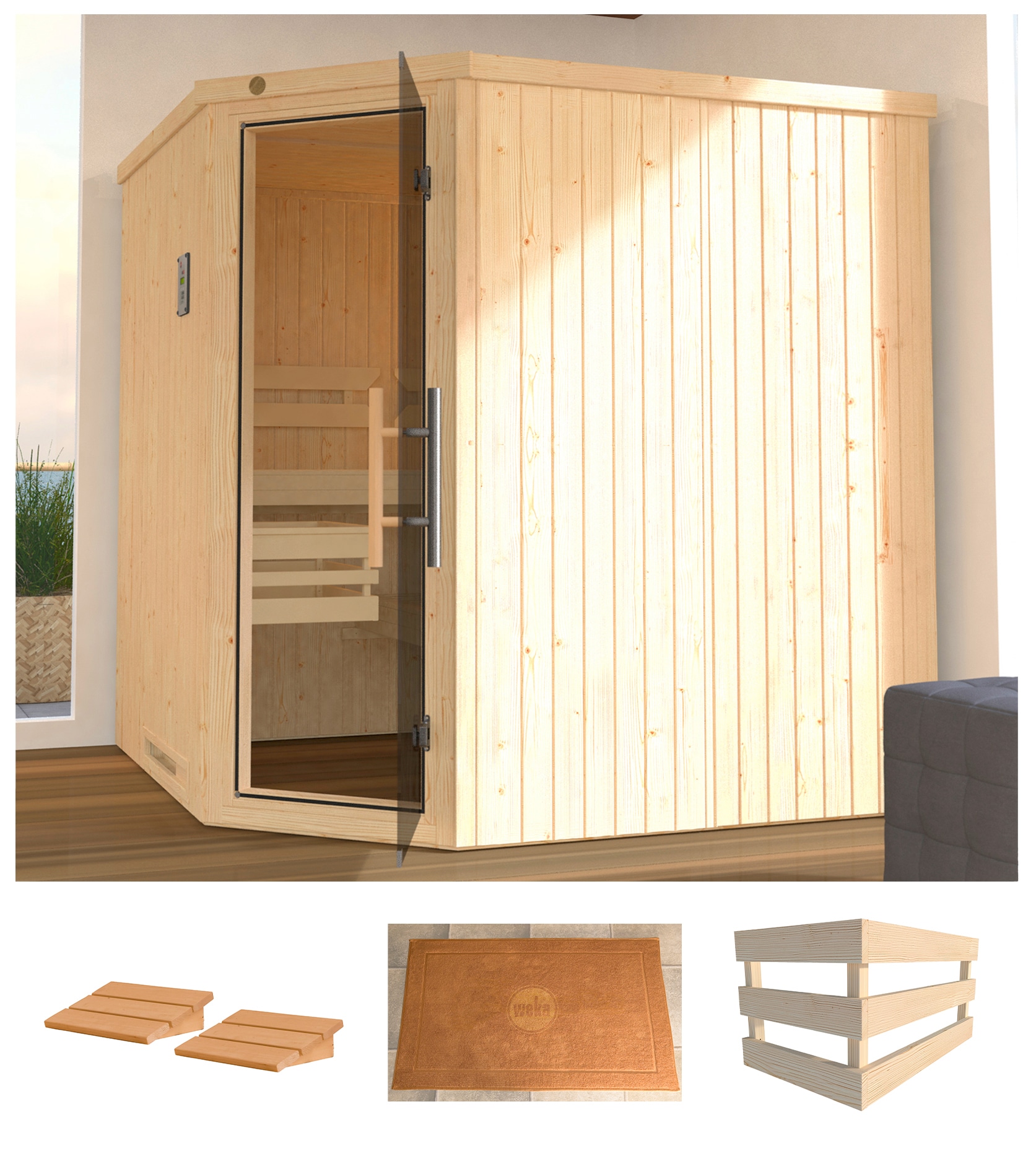 Sauna WEKA "Varberg 3", beige (natur), ohne Ofen, (ohne Ofen), Saunen, ohne Ofen Image