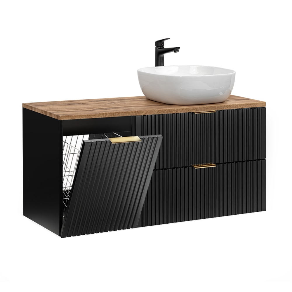 Meuble vasque panier à linge stratifiés noir et beige