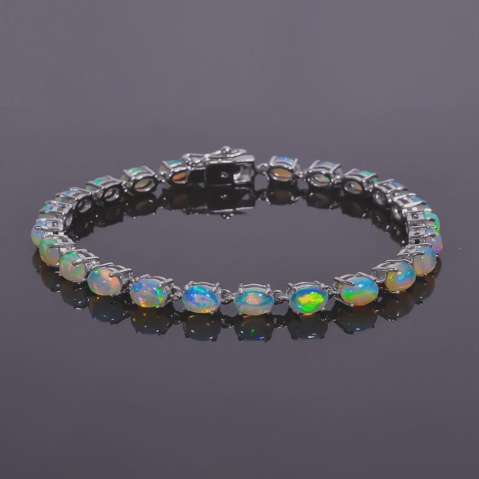 Bracciale tennis con opale etiope AAA+* Bracciale in argento con opale di fuoco* Bracciale tennis con pietre preziose per donna* Bracciale con opale n