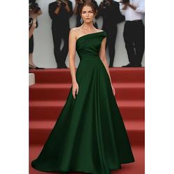 Elegantes bodenlanges A-Linien Abendkleid Satin formelles Kleid schulterfrei Hochzeits ärmellos Falten gerafft