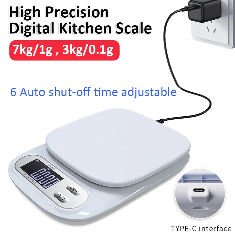 Bilancia da cucina digitale da 7 kg 1 g 3 kg 0,1 g Bilancia elettronica LCD domestica Batteria/Bilanza ricaricabile Bilancia multi-unità