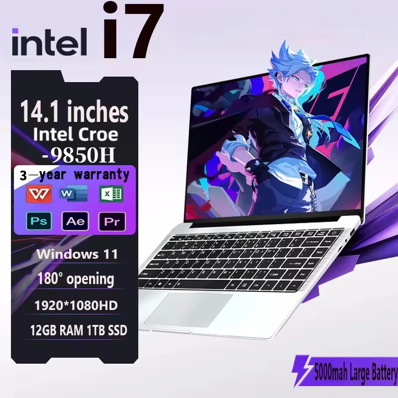2026 Intel Core i7 9850H Tragbarer Laptop-Computer Windows 11 SSD 2 TB DDR4 12 GB Gaming-Laptops 14,1 Zoll 1920 * 1080 HD Notebook-PC Image