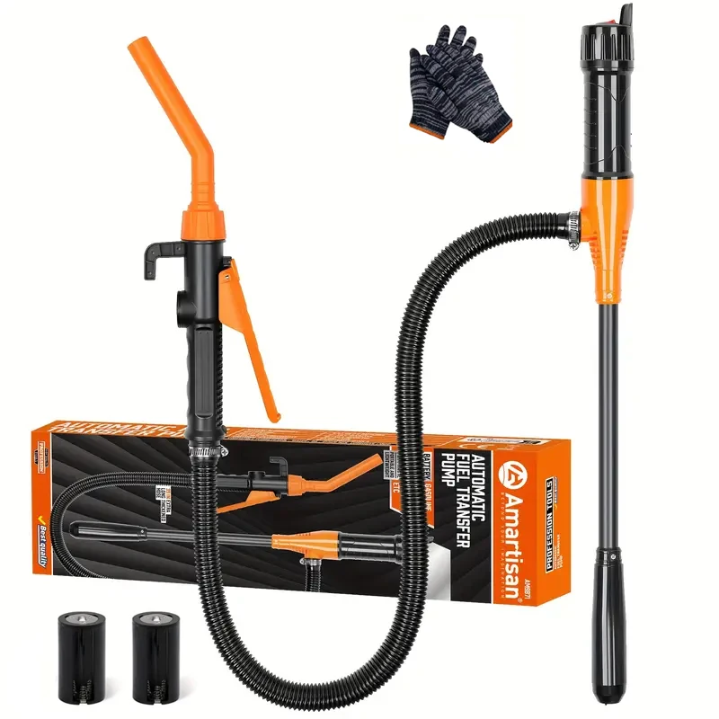Battery powered oil pump with flow control nozzle, 2.4 gallons per minute, suitable for gasoline, oil, and liquids, gloves
