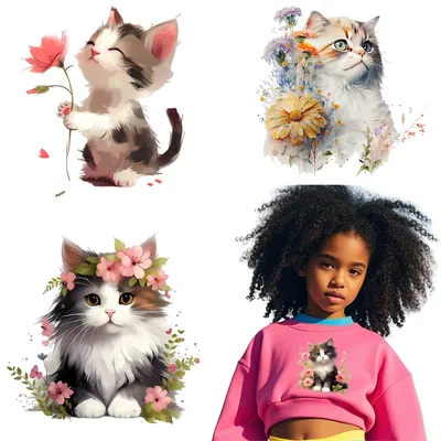 Full Size Cartoon Flower Cat Iron On Heat Transfer Sticker DTF Iron On Transfer Patches For Children's Clothes Decal