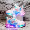 Disney LED Casual Sneakers Frühling Mädchen Gefrorene Elsa Prinzessin PU Leder Schuhe Kinder Beleuchtet Rutschfest Rosa Größe 23-35