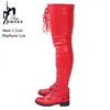 Sexy Ritter Stiefel Nachtclub Dame Low Heels Elastische Leder Rot Winter Schuhe Frauen Oberschenkel Stiefel Schnürung Botas Mujer Größe 44 45