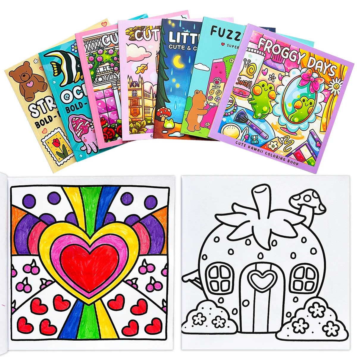 „Set süßer Kawaii-Malbücher: Froggy, Fuzzy Friends, Little Spooky & More – mutig – einfaches Ausmalen, Stressabbau und Spaß“ Image