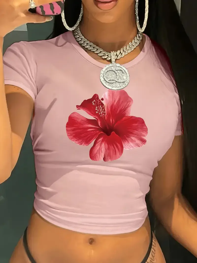 Y2k anni 2000 floreale fiore rosso crop top gilet stampa da donna girocollo camicia senza maniche t-shirt corta sexy