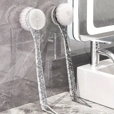 Crystal Handle Bath Brush, Dual Side Body Scrub Brush, Exfoliating Back Scrubber - Long Handled Shower Brush for Bathing