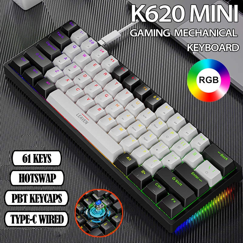 K620 Mini-Gaming-Mechanische Tastatur 61 Tasten RGB Hotswap Typ-C Kabelgebundene Gaming-Tastatur PBT-Tastenkappen 60 % Ergonomie-Tastaturen Image