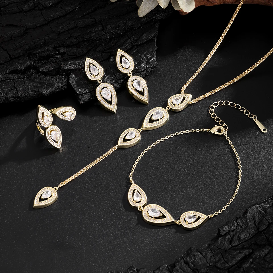 ZAKOL Luxus 18K vergoldet AAA Zirkonia Ohrring Halskette Schmuckset Birnenförmiger Wassertropfen Kristall Partyzubehör Image