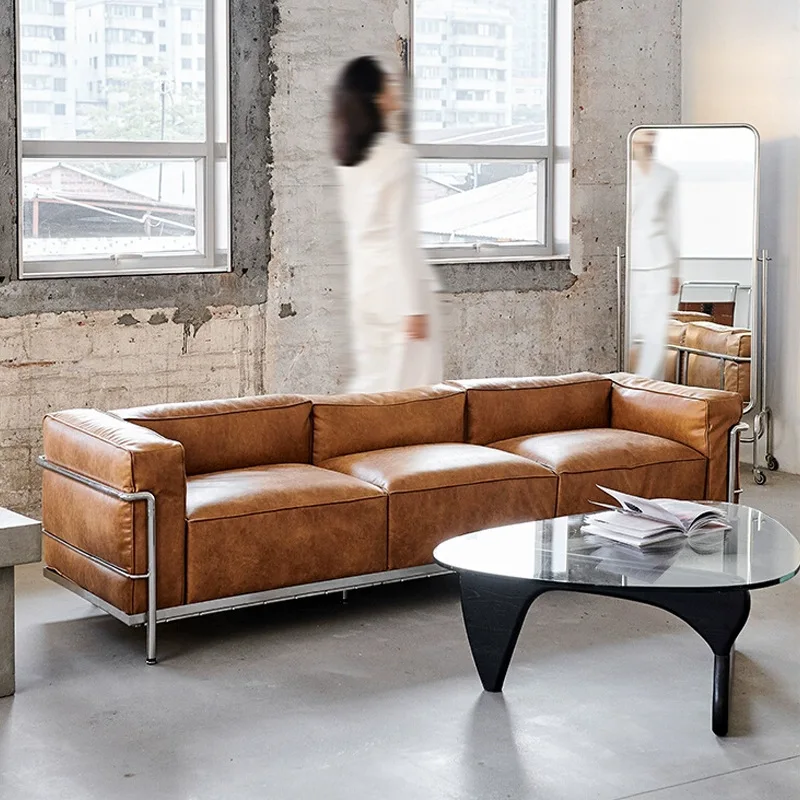 Leder-Einzelsofa Corbusier Retro-Wohnzimmer modernes minimalistisches mittelalterliches Sofa mit gerader Reihe