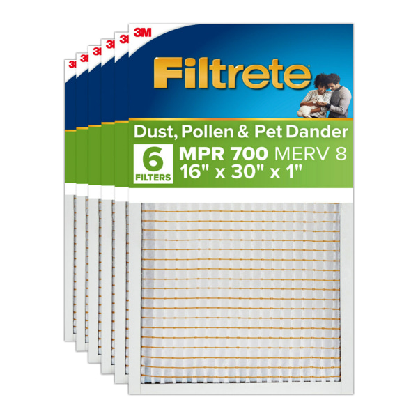 Filtrete 16 x 30 x 1 Air Filter, 6 HVAC Filters, MPR 700, Merv 8, Dust, Pollen & Pet Dander, 3 Month Pleated 1 inch Electrostatic Air Filters