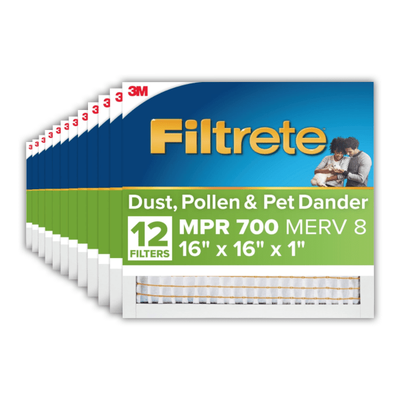 Filtrete 16 x 16 x 1 Air Filter, MPR 700, Merv 8, Dust, Pollen & Pet Dander, 3 Month Pleated 1 inch Electrostatic Air Filters, 12 HVAC Filters