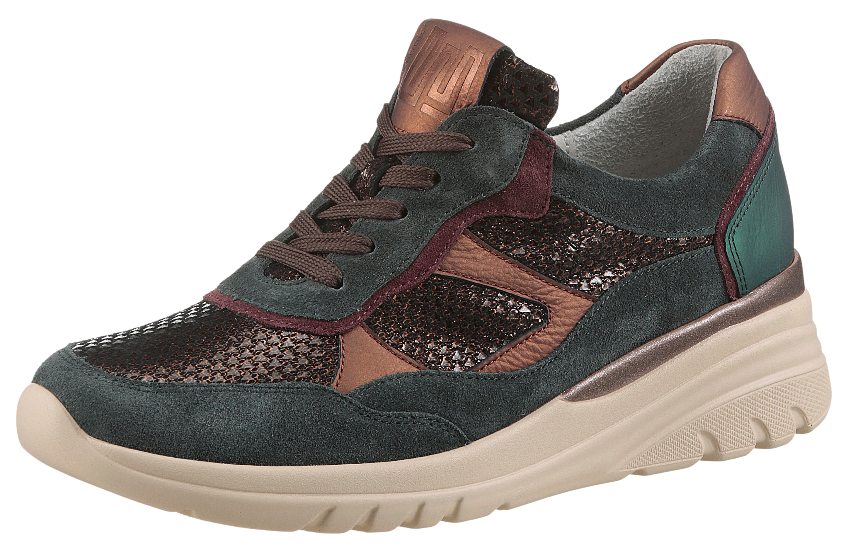 Keilsneaker WALDLÄUFER "H-CARLA", Damen, Gr. 5 (38), grün (dunkelgrün kombiniert), Nappaleder, Nubukleder, Veloursleder, mehrfarbig, Schuhe, Bequemschuh, Schnürschuh, Halbschuh in Komfortweite H (= sehr weit)