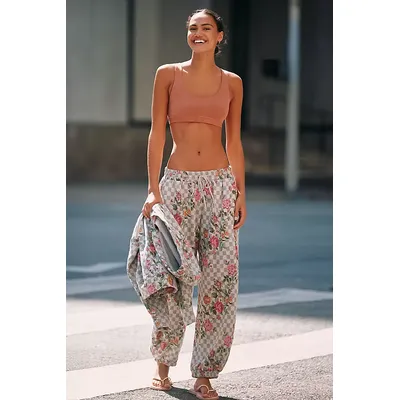 Daily Practice Checkerboard Floral Print Drawstring Joggers