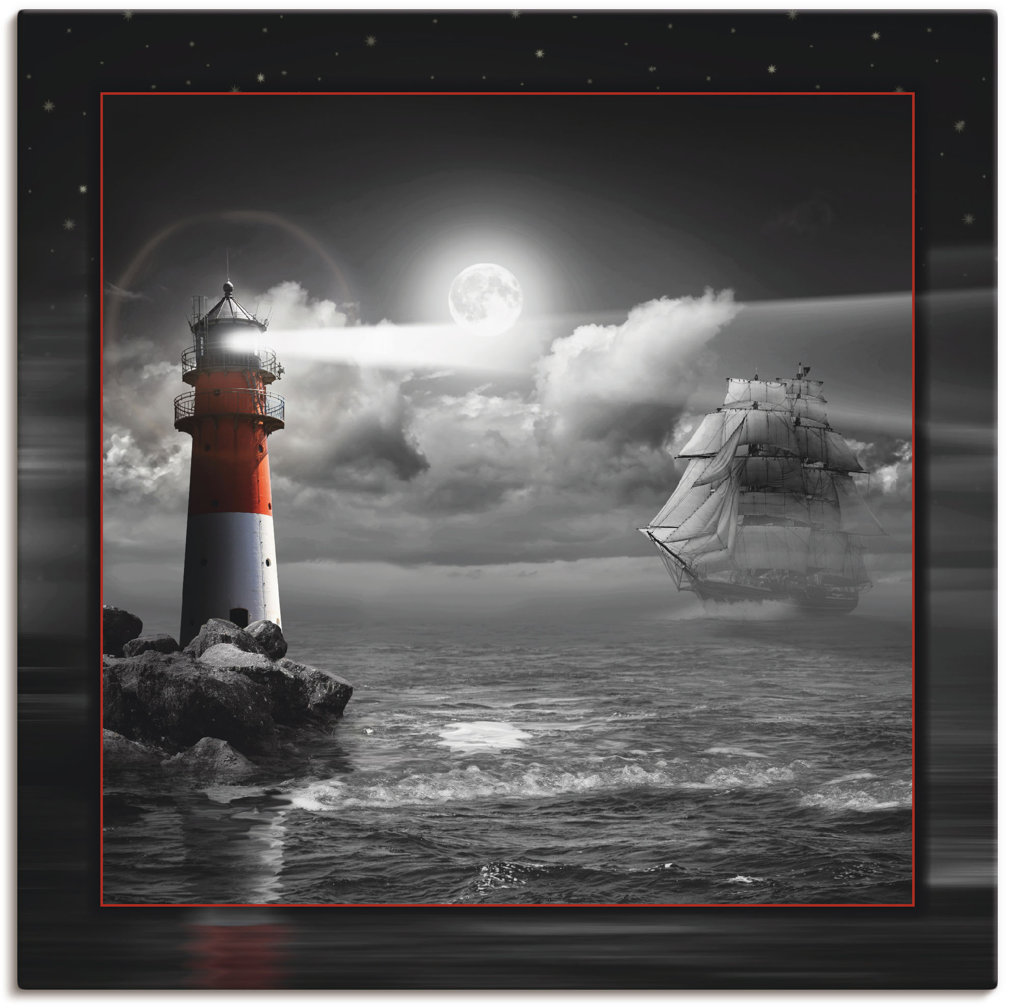 Wandbild ARTLAND "Leuchtturm und Segelschiff im Mondschein", schwarz (farbe bild(er): schwarz), B:30cm H:30cm T:1,8cm, Canvas, Leinwand, Bilder, als Leinwandbild, Poster, Wandaufkleber in verschied. Größen Image