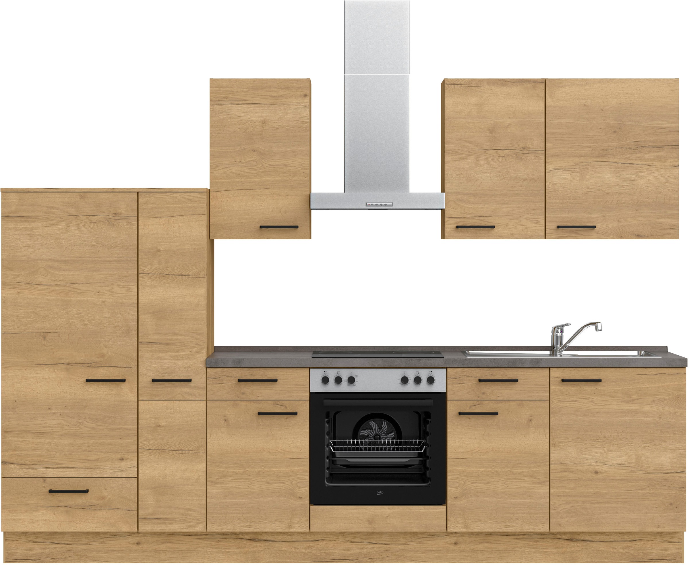 Küchenzeile NOBILIA "Structura I", braun (küche: braun, korpus: eiche sierra nachbildung, arbeitsplatte: beton schiefergrau nachbildung), B:300,3cm H:216,6cm T:60cm, Komplettküchen-Sets, vormontiert, Ausrichtung wählbar, Breite 300 cm, wahlw. mit... Image