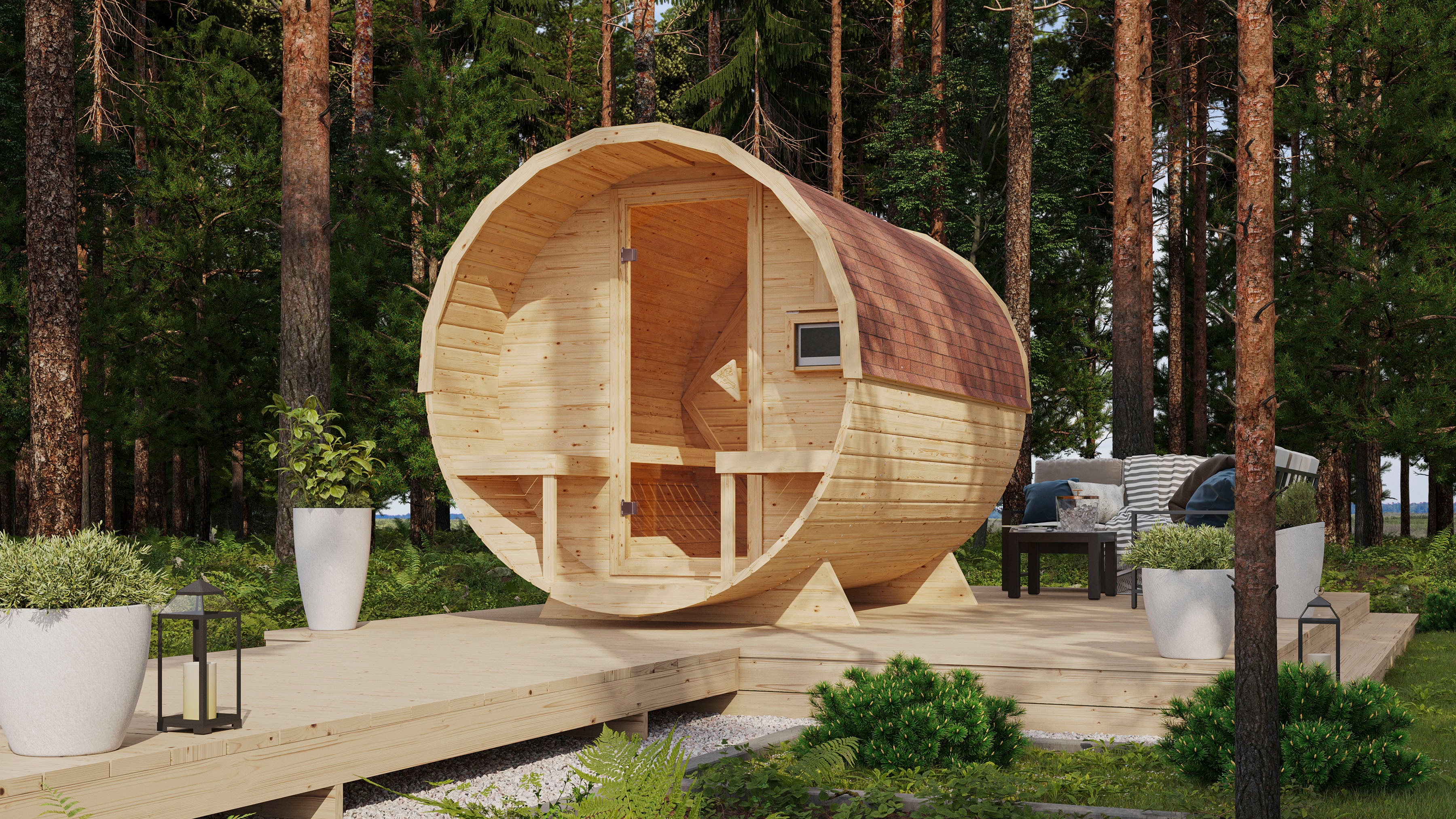 Fasssauna KARIBU "naturbelassen mit Ofen 9 kW Bio ext. Strg.", beige (naturbelassen), Bio-Kombiofen, (ohne Ofen), Saunen, aus hochwertiger nordischer Fichte Image