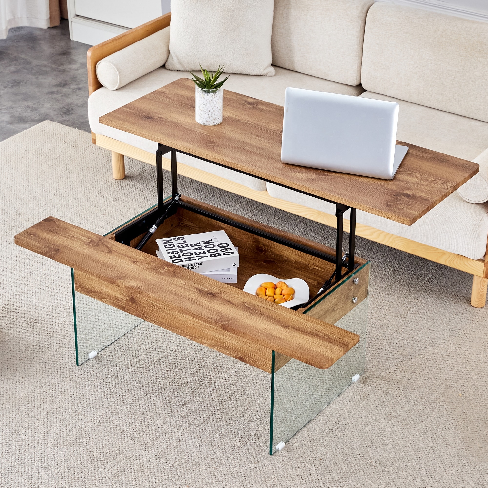Roomfitters Lift Top Coffee Table with Glass Legs and Storage, Light Wood Grain Finish, Modern Living Room Style