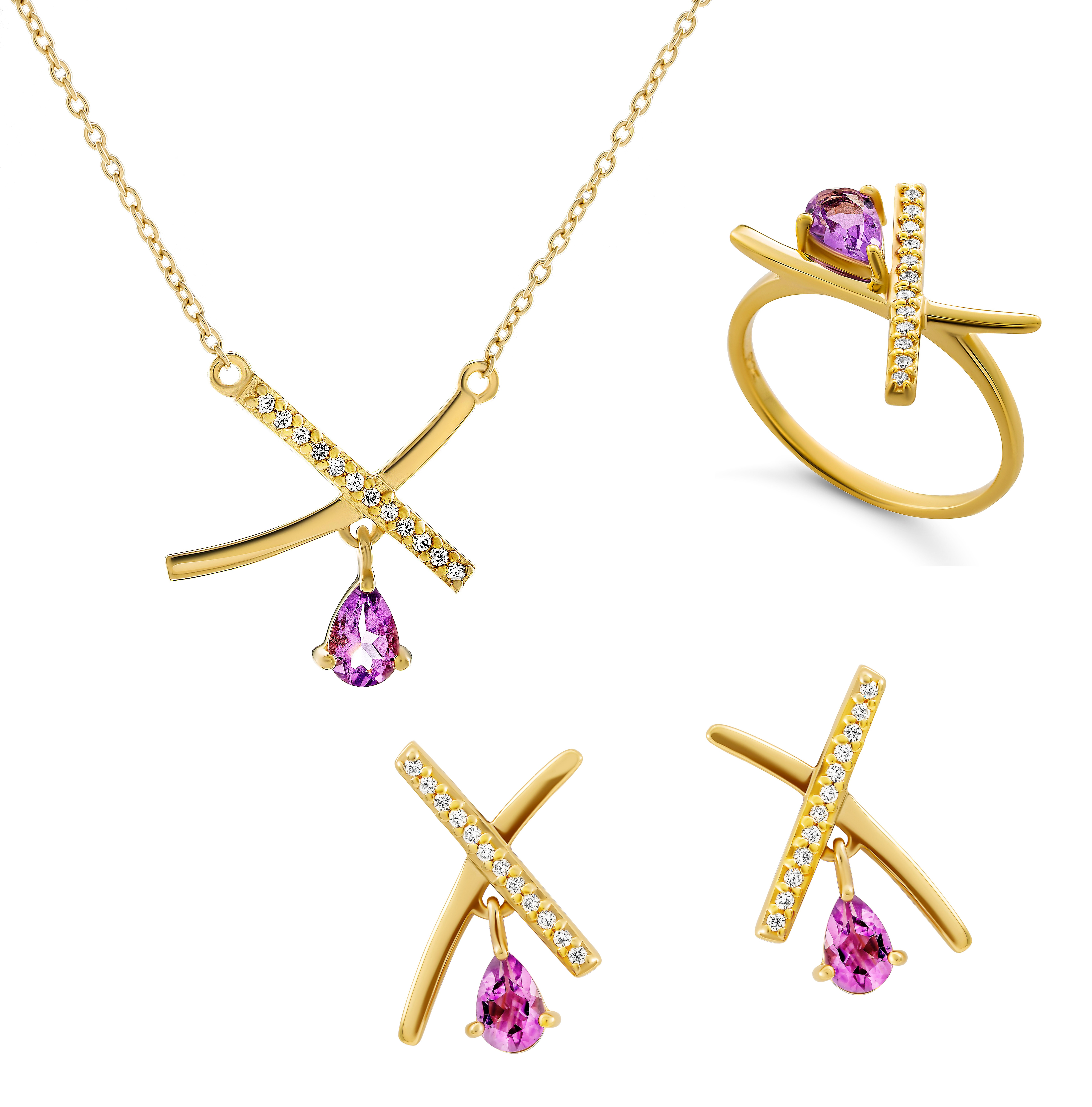 Orphelia 'Charlotte' Damen 925 Sterling Silber Set: Halskette + Ohrringe + Ring - Gold SET-7580/A Image