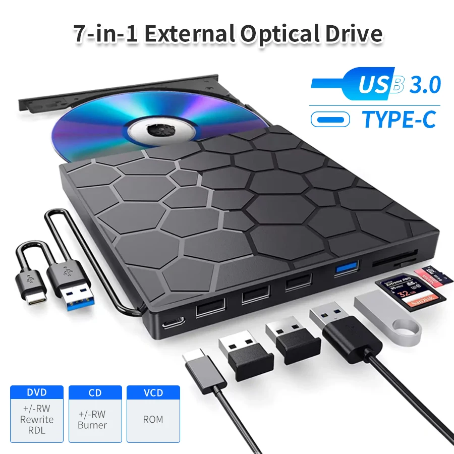 7-in-1 externer DVD-RW-CD-Player, optische Laufwerke, USB 3.0 Typ C, DVD-Brenner, Recorder, Lesegerät, Festplatte für Notebook, Laptop, Desktop Image