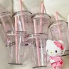 Neue rosa Hello Kitty Stroh Tasse Cartoon süße Mädchen Herz große transparente Kunststoff Wasser Tasse Geschenk zwischen niedlichen Freunden DIY Aufkleber