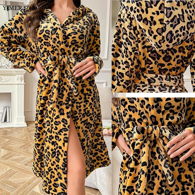 Sexy Leoparden-Nachthemd mit Kapuze für Damen, weiches Flanell-Kimono-Kleid, Herbst und Winter, neue Heimkleidung, Nachtwäsche, Bademantel, Loungewear Image