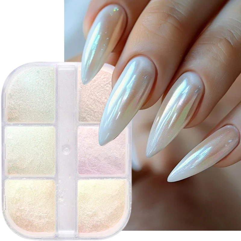 6-Gitter Aurora Mirror Nails Powder Aurora Shiny Pearl Chrome Effect Pigmente Gelpoliermittel Laserstaub Glitzer Maniküre Dekoration Image