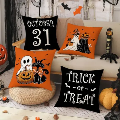 Kissenbezüge mit Halloween-Motiv: Geister, Katzen, Kürbisse und gruseliger, lustiger Sofakissenbezug, Urlaubsparty-Dekoration, Geschenk Image