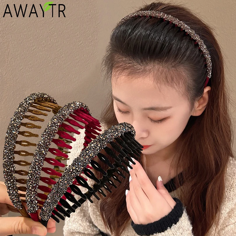 Retro Frauen Haar Reifen Flock ing Strass Haarband mit Zahn Haarband Lünette Mädchen Stirnband Mode Kopfschmuck Haarschmuck Image