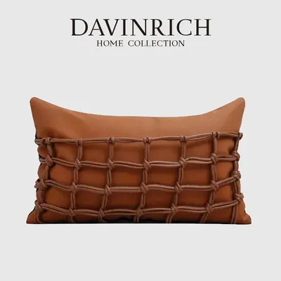 DAVINRICH Moderner, minimalistischer, dunkelorangefarbener, gewebter Kissenbezug aus Leder, luxuriöser, handgefertigter Kissenbezug für Villa, Hotel, Modellzimmer Image